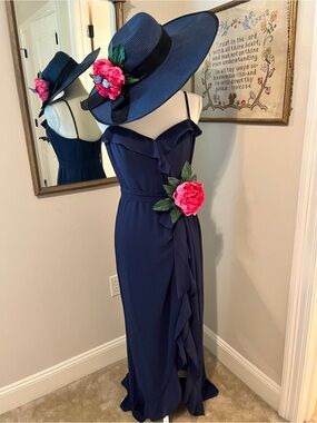 Navy Off-Shoulder Ruffle Maxi Dress with Pink Floral Accent